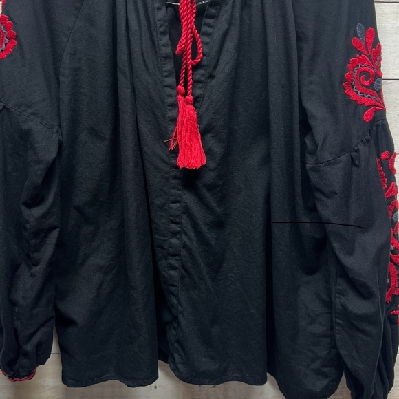 Zara Womens Embroidered Tassel Top Red Black Long Sleeve Floral Size Medium - Picture 5 of 13